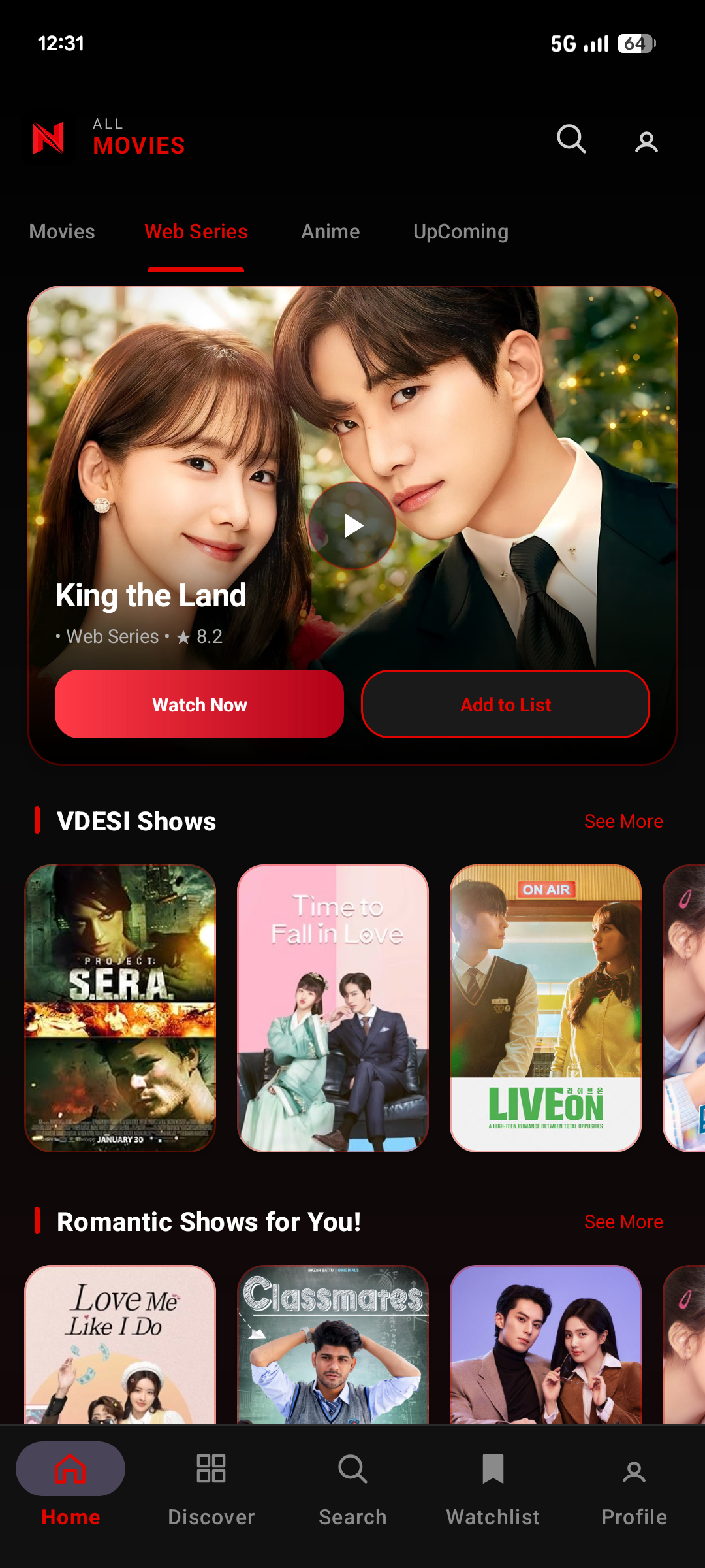 Xuper Plus Android app series home screen featuring King the Land and show collections